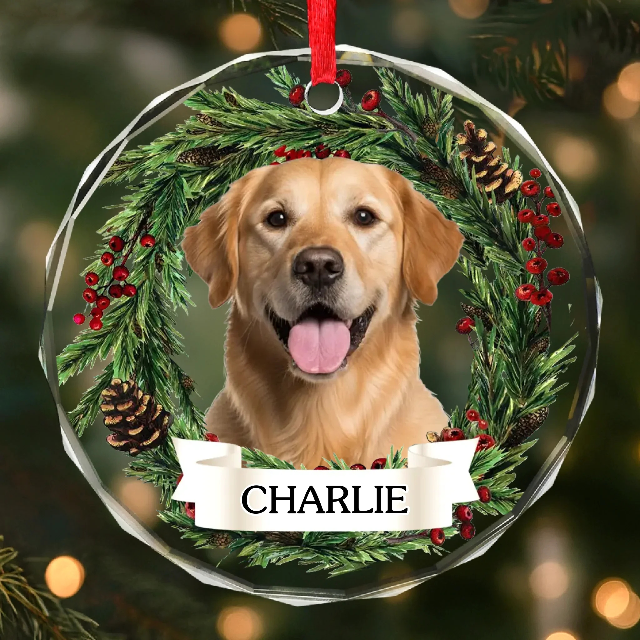 Custom Photo Circle Glass Ornament - Personalized Pet Christmas Memorial Sympathy Gifts For Dogs, Cats - Forever Loved Never Forgotten