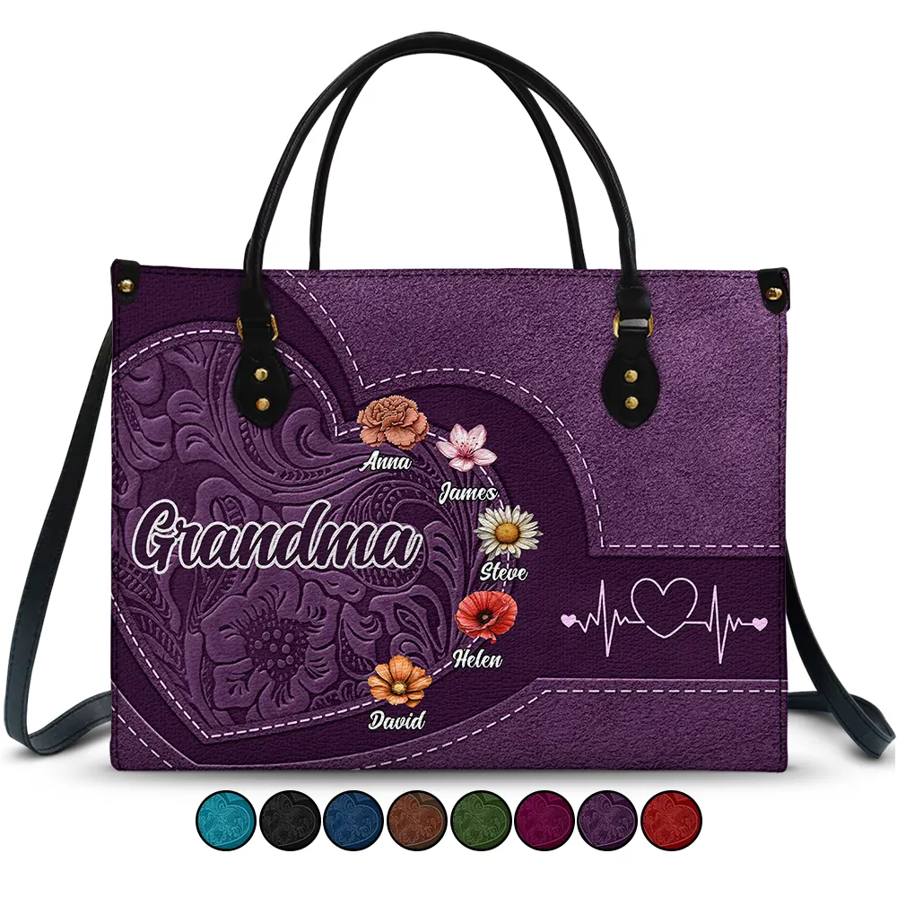 Grandma Mom Kids Birth Flowers Blooming In Love - Personalized Leather Bag