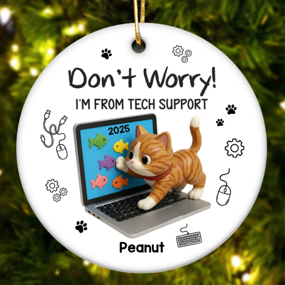 3D Effect Mischievous Kitten Tech Support - Personalized Ceramic Ornament - Gift For Cat Lovers