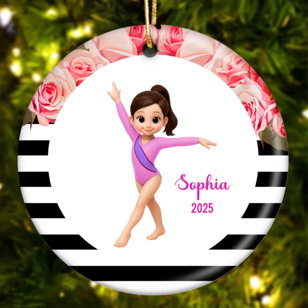 Floral Frame Gymnastic Girl - Personalized Ceramic Ornament - Gymnast Gift For Daughter, Granddaughter