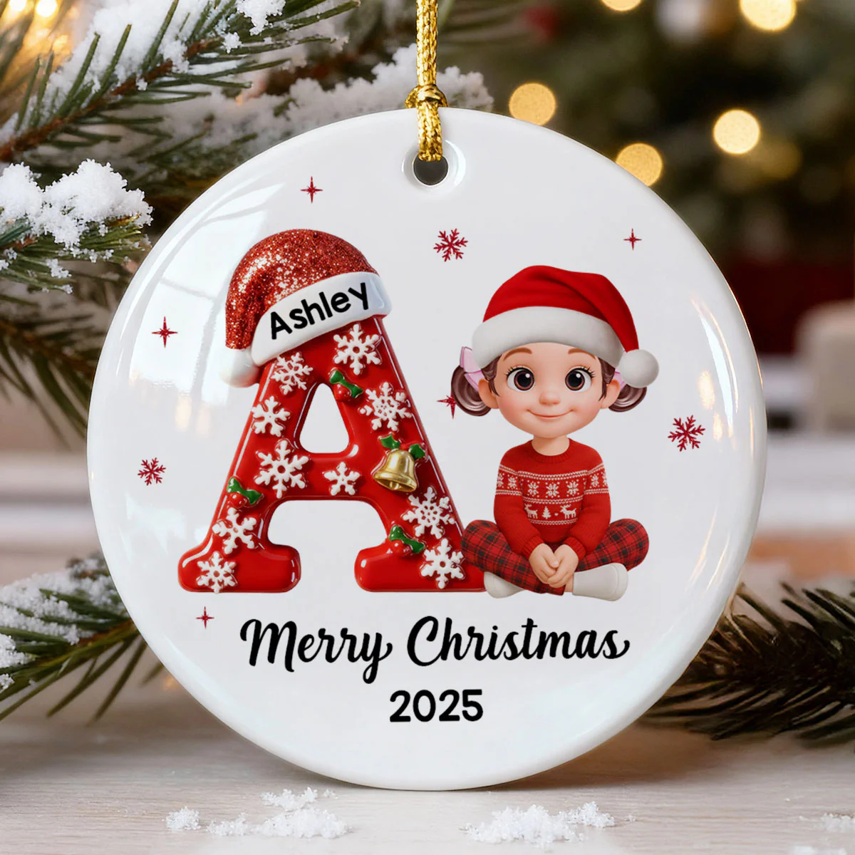 Family Member Christmas Festive Initial Name - Personalized Ceramic Ornament