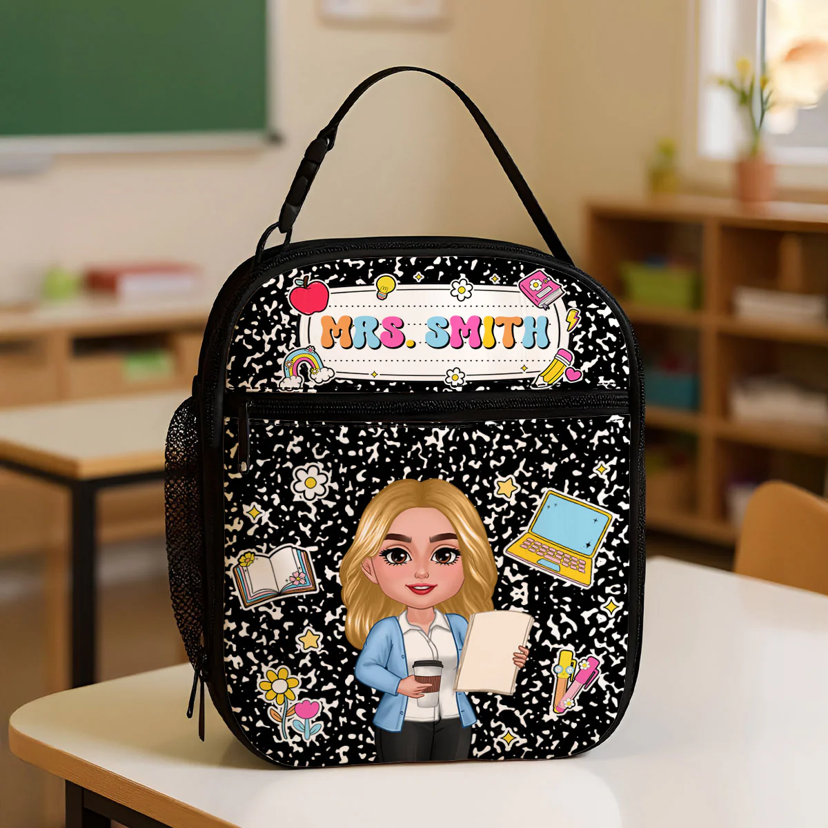 Teacher Composition Book Pattern Personalized Insulated Lunch Bag, Back To School Gift For Teacher