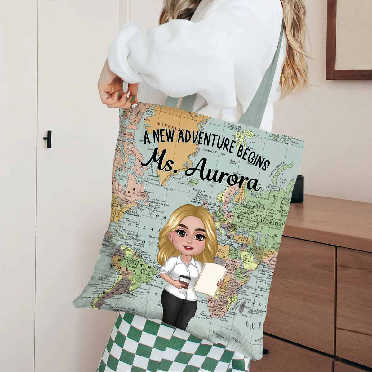 Teacher New Adventure World Map Theme Personalized Tote Bag, Back To School Gift For Teacher