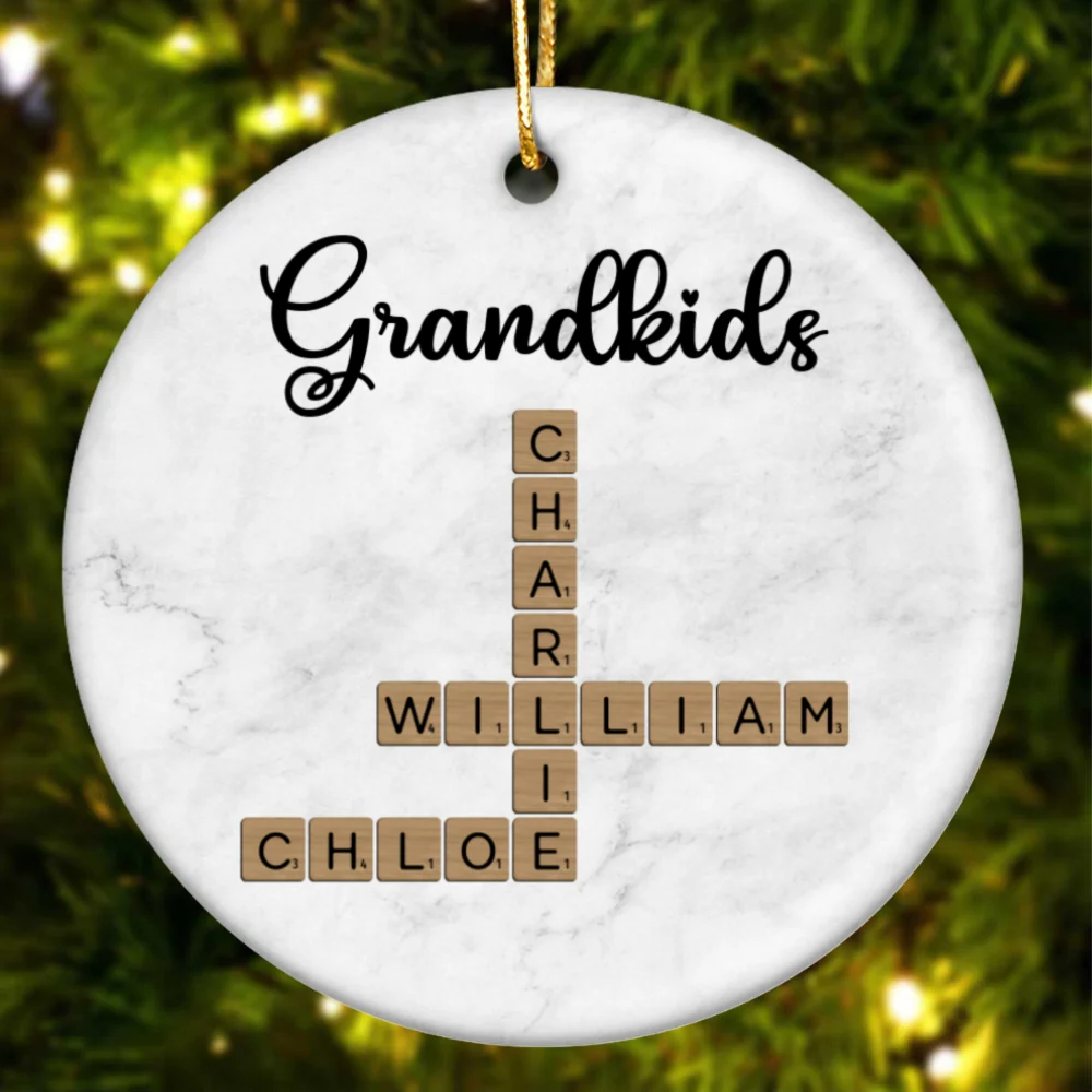 Grandkids Crossword Art - Personalized Ceramic Ornament - Sentimental Gift for Grandma Grandpa Grandkids