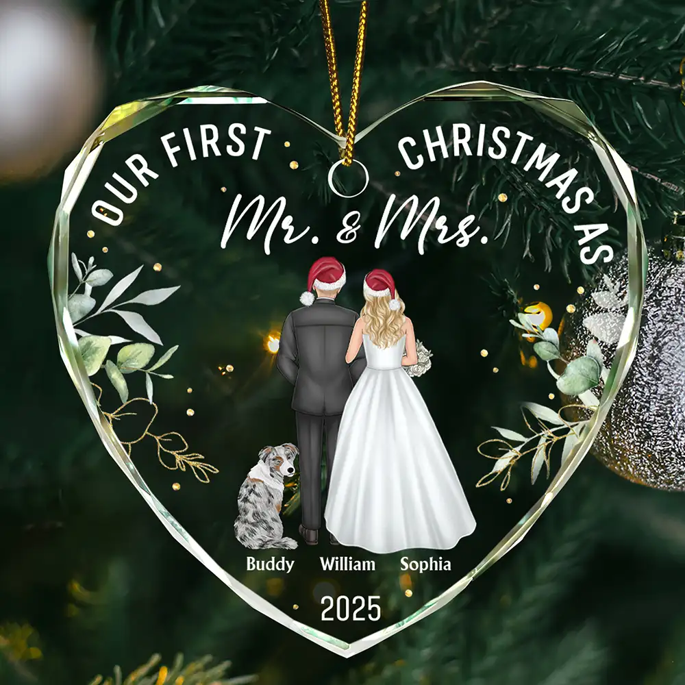 Our First Christmas As Mr & Mrs Wedding Couple Pet - Personalized Heart Shaped Glass Ornament