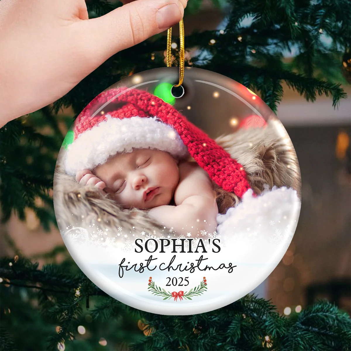 First Christmas - Personalized Custom Round Shaped Ceramic Photo Christmas Ornament - Upload Image, Gift For Family, Christmas Gift