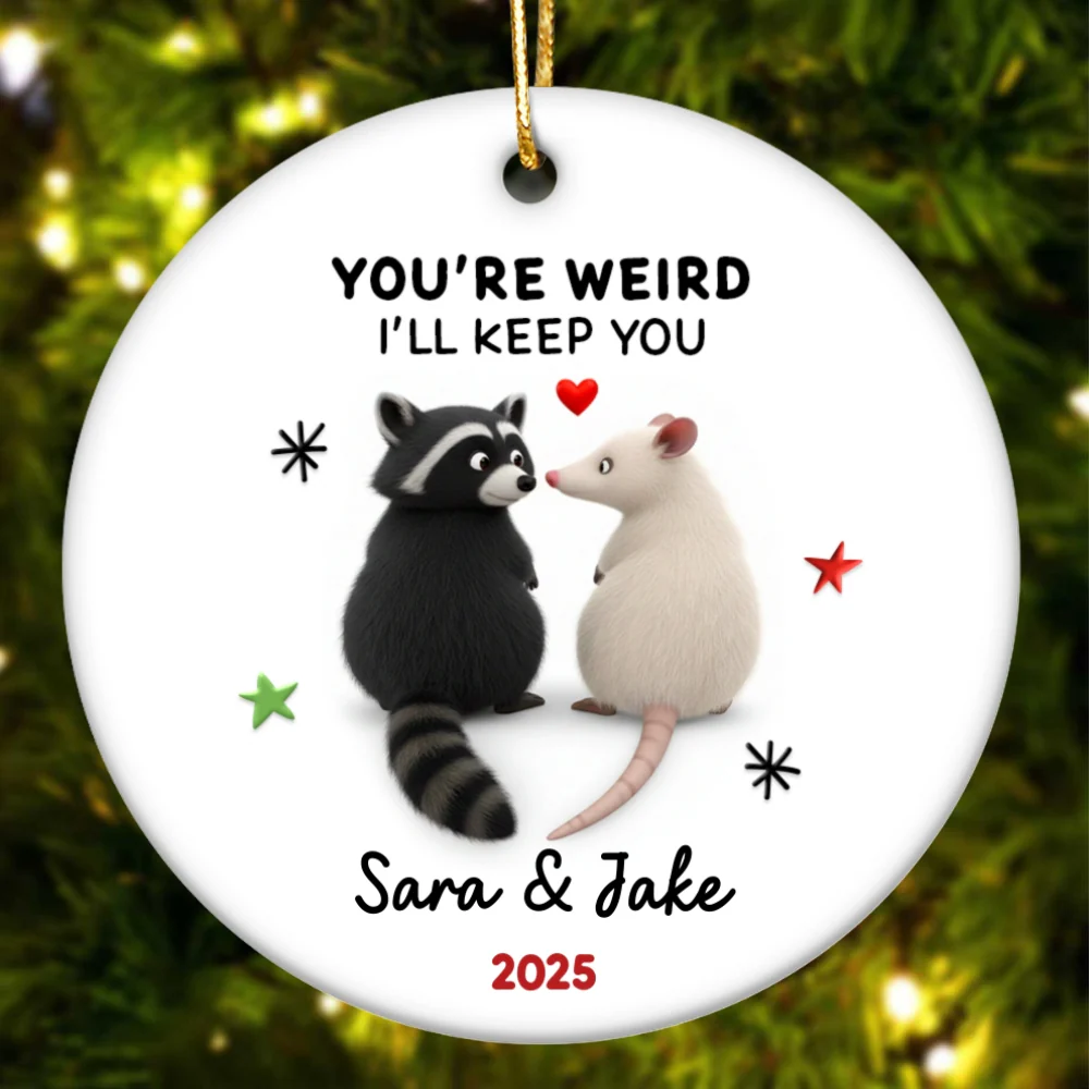 You're Weird, I'll Keep You Funny Raccoon Couple - Personalized Ceramic Ornament - Christmas Gift for her, Gift for him