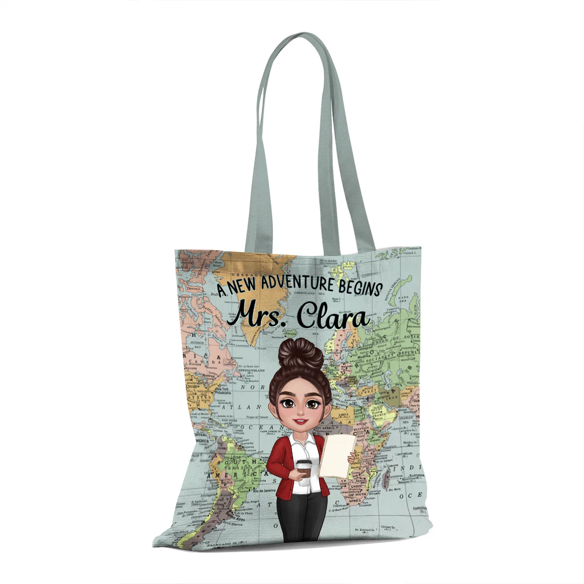 Teacher New Adventure World Map Theme Personalized Tote Bag, Back To School Gift For Teacher