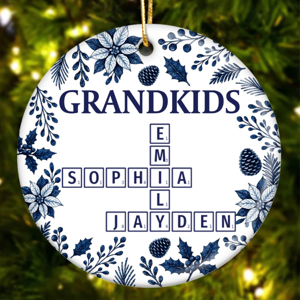 3D Effect Timeless Vintage Toile De Jouy Grandkids Crossword - Personalized Ceramic Ornament - Gift For Grandparents