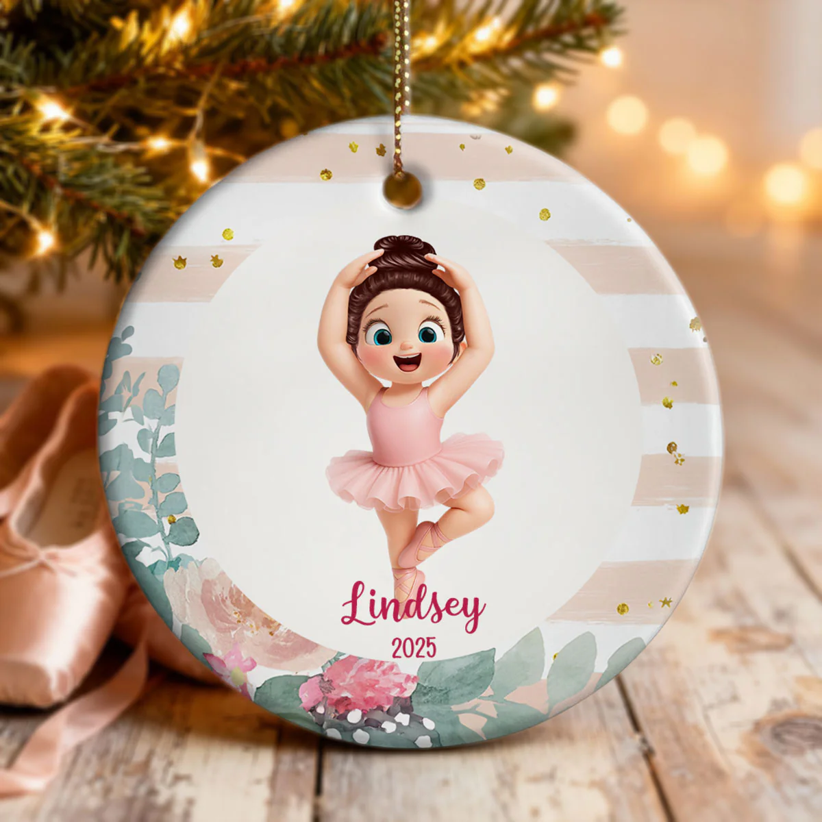 Floral Frame Ballerina Girl - Personalized Ceramic Ornament - Christmas Gift For Daughter, Granddaughter