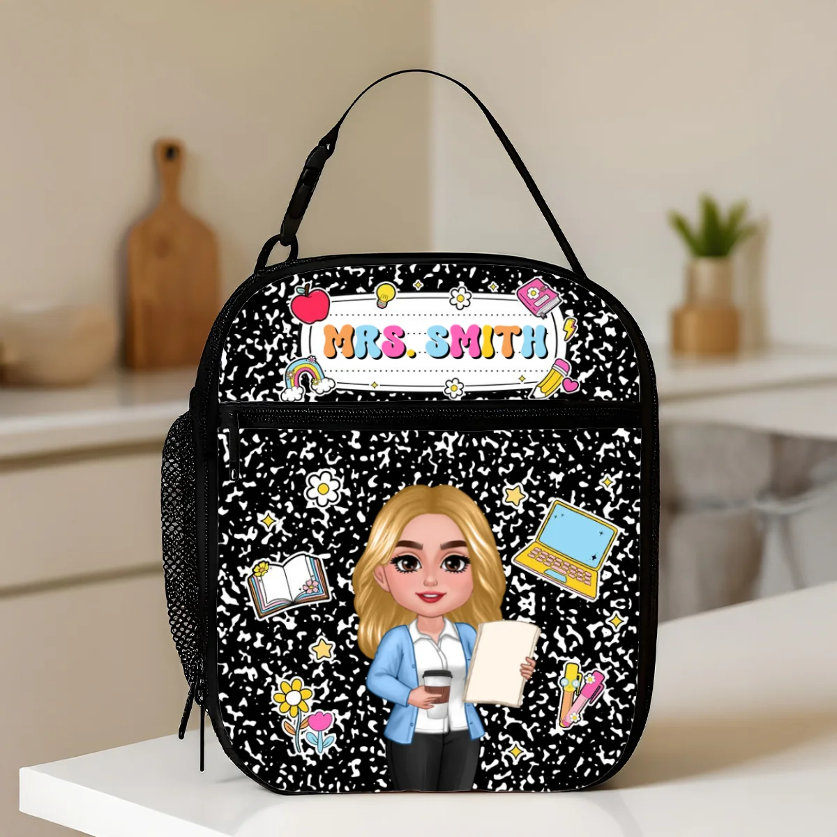 Teacher Composition Book Pattern Personalized Insulated Lunch Bag, Back To School Gift For Teacher