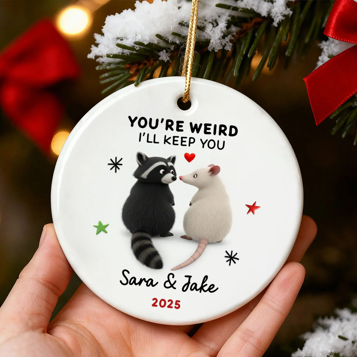 You're Weird, I'll Keep You Funny Raccoon Couple - Personalized Ceramic Ornament - Christmas Gift for her, Gift for him