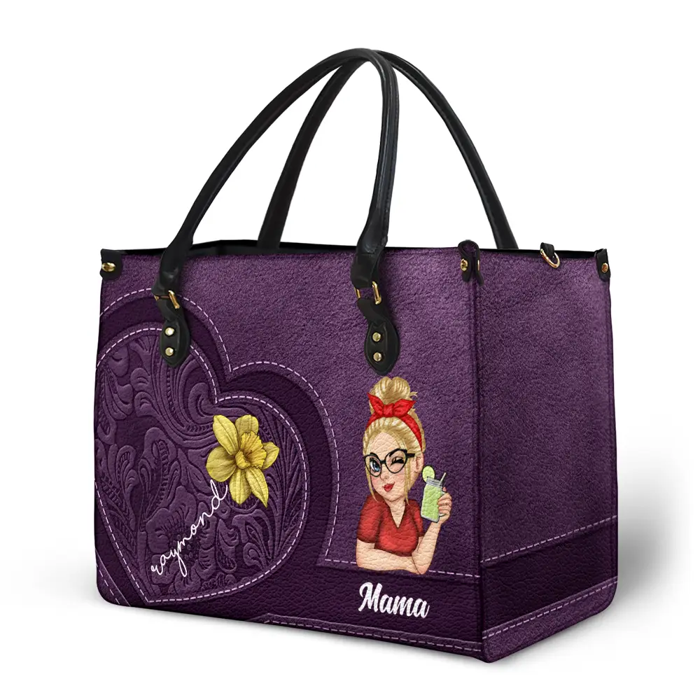 Grandma Birth Month Flowers Kids - Personalized Leather Bag