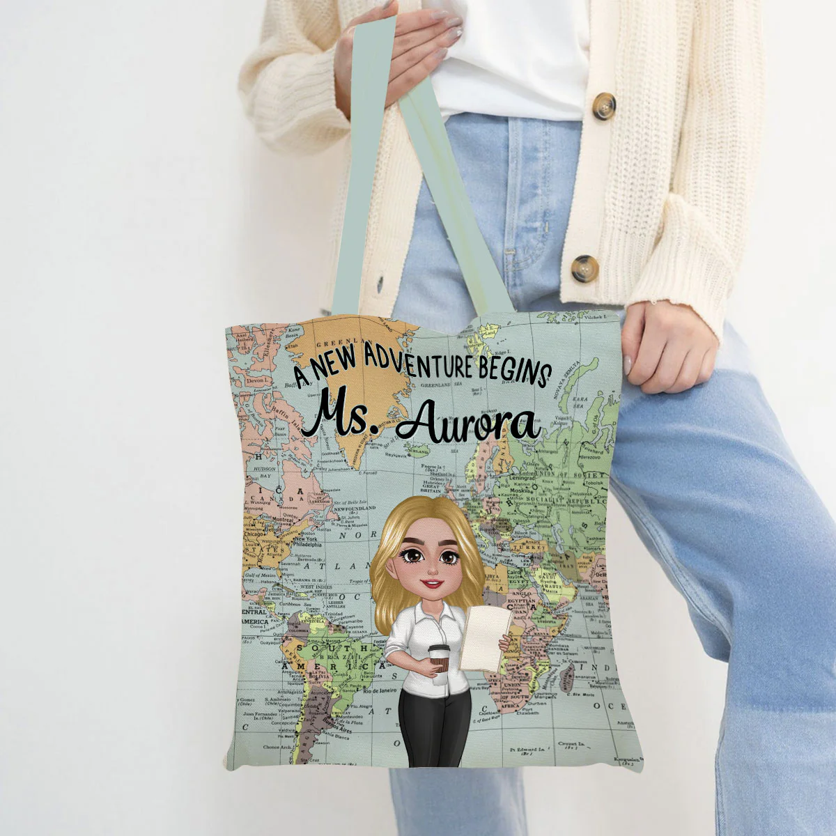 Teacher New Adventure World Map Theme Personalized Tote Bag, Back To School Gift For Teacher