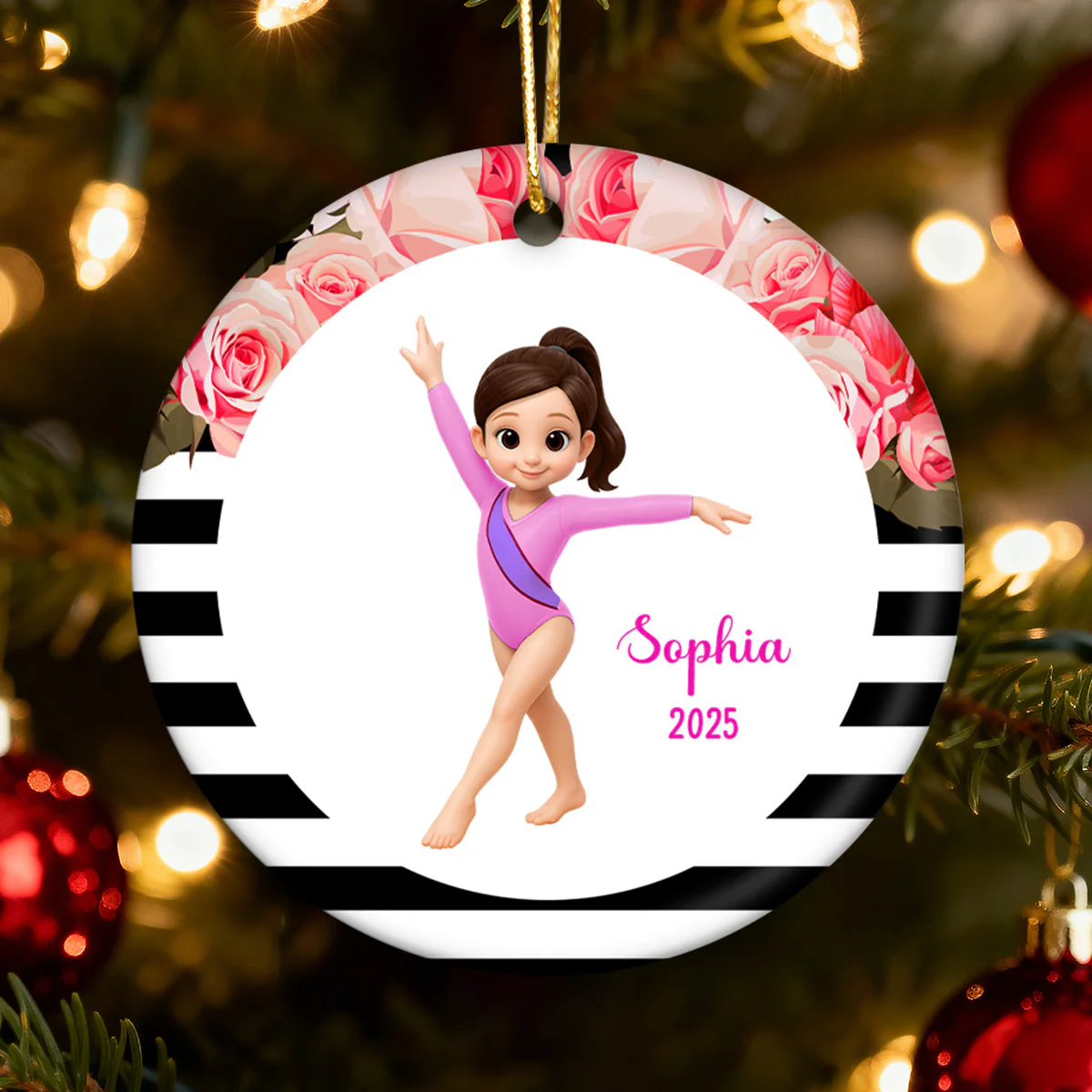 Floral Frame Gymnastic Girl - Personalized Ceramic Ornament - Gymnast Gift For Daughter, Granddaughter