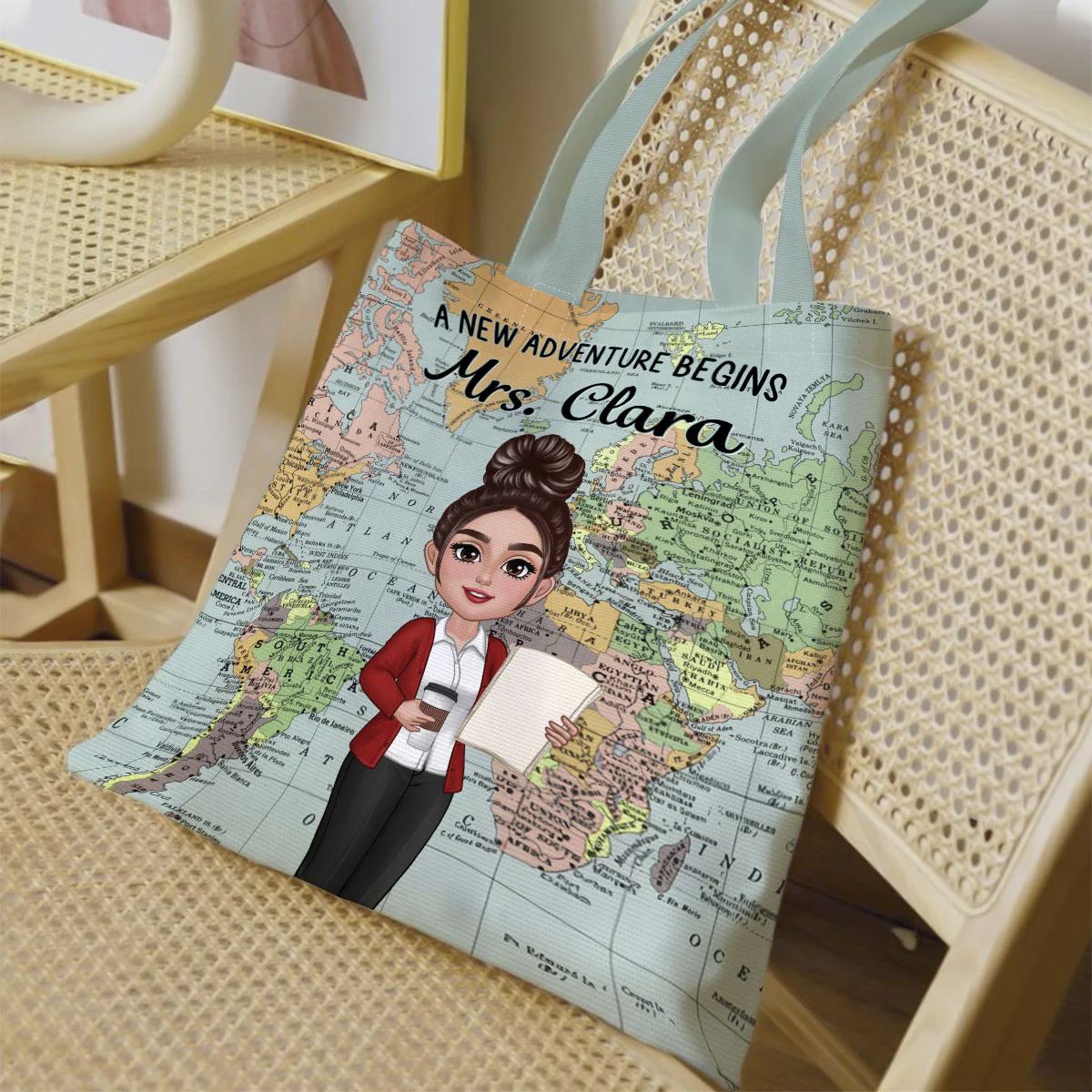 Teacher New Adventure World Map Theme Personalized Tote Bag, Back To School Gift For Teacher