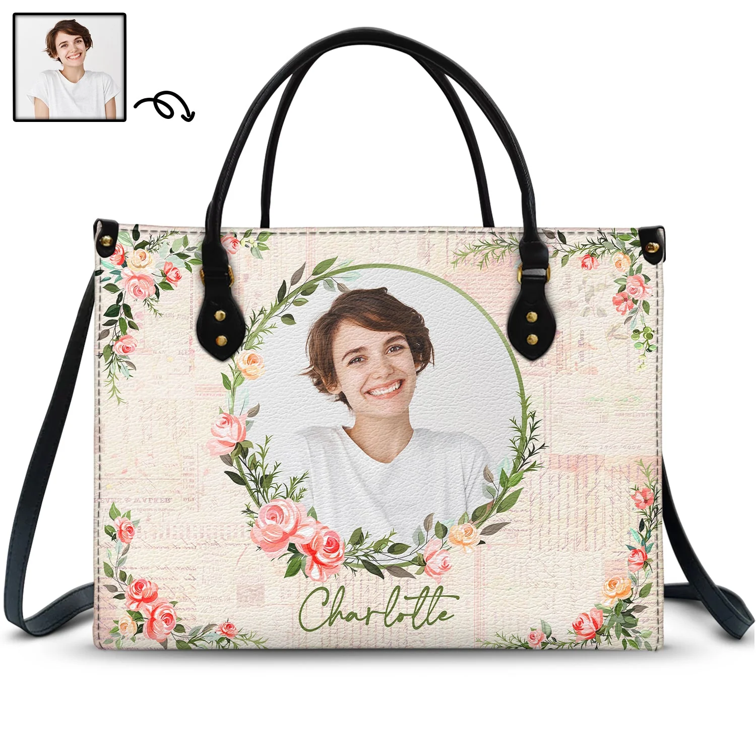 Custom Photo Floral Monogram - Gift For Her - Personalized Leather Bag
