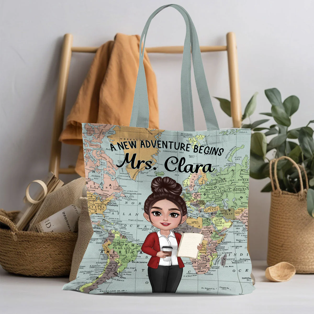Teacher New Adventure World Map Theme Personalized Tote Bag, Back To School Gift For Teacher