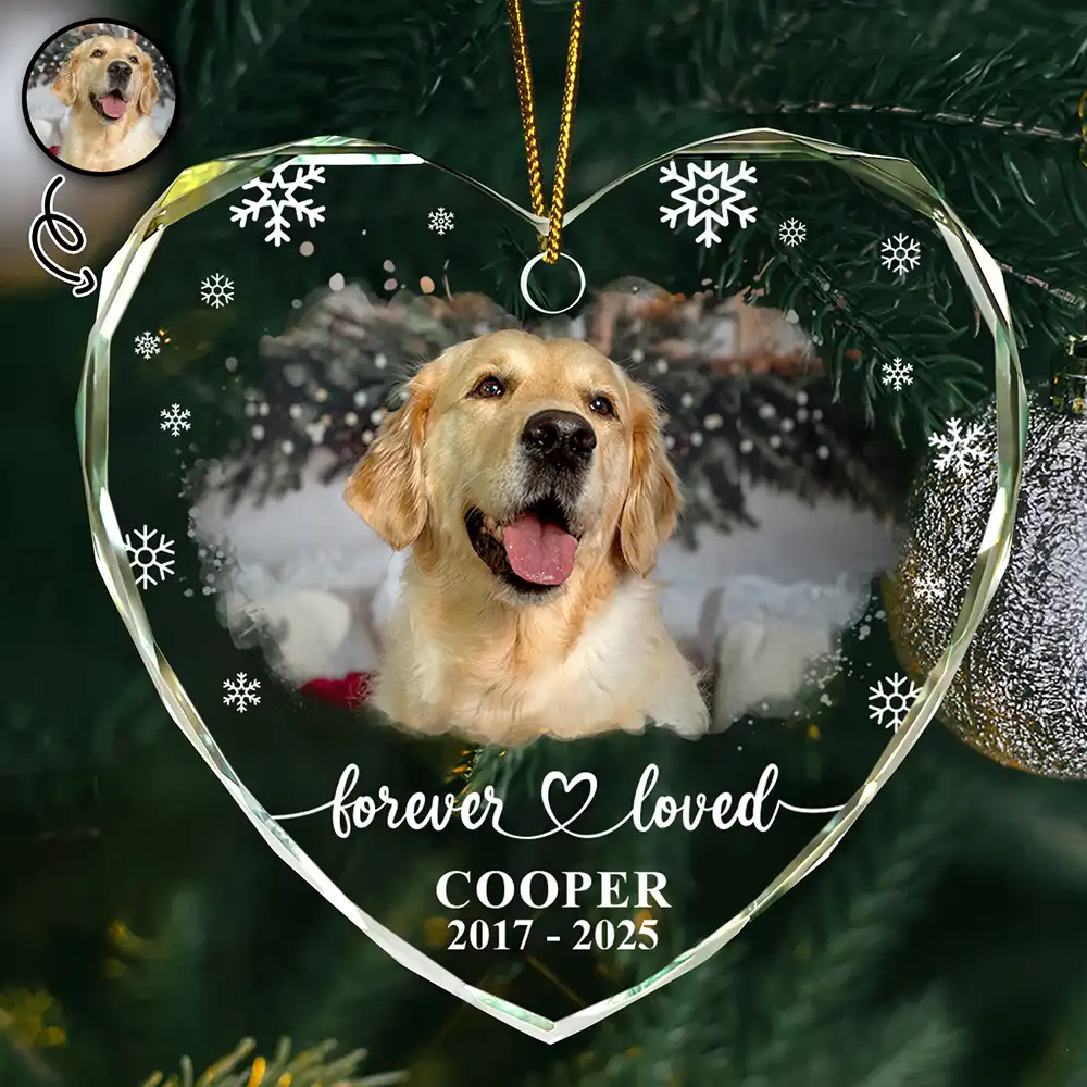 Custom Photo Forever Loved Memorial Dog Cat - Personalized Heart Shaped Glass Ornament