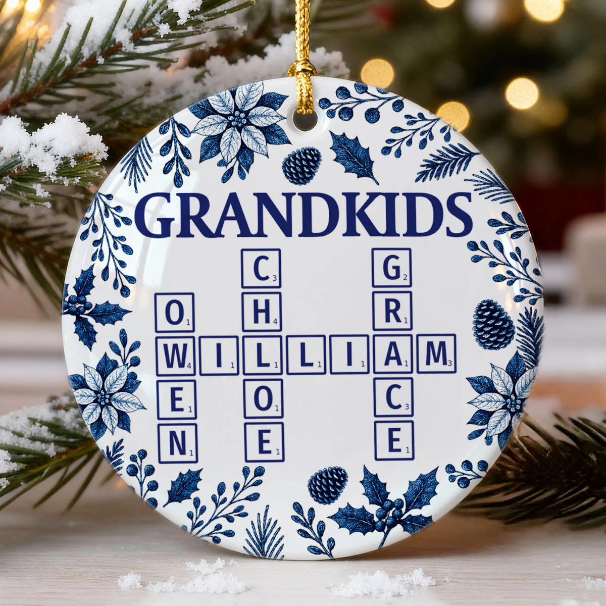 3D Effect Timeless Vintage Toile De Jouy Grandkids Crossword - Personalized Ceramic Ornament - Gift For Grandparents