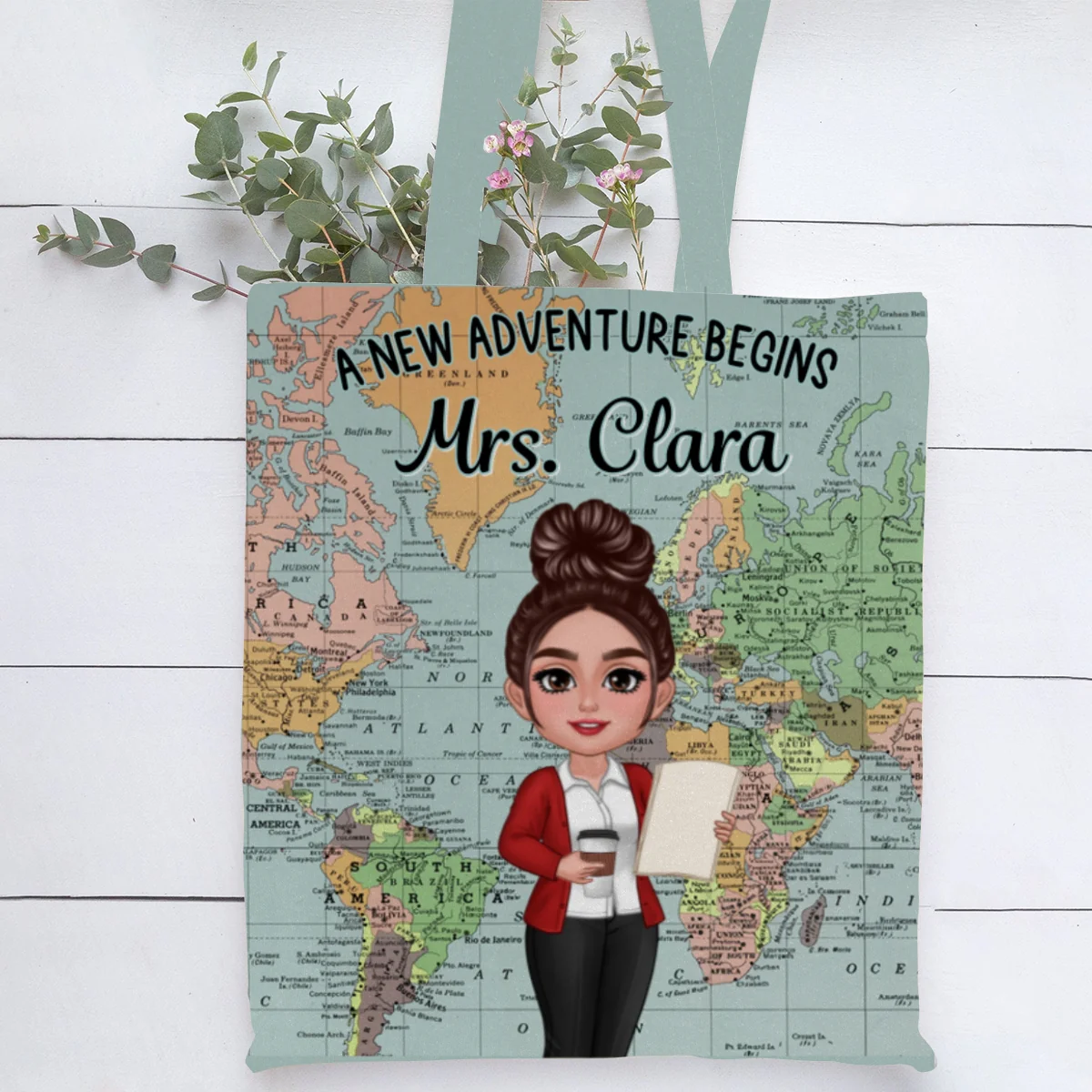 Teacher New Adventure World Map Theme Personalized Tote Bag, Back To School Gift For Teacher