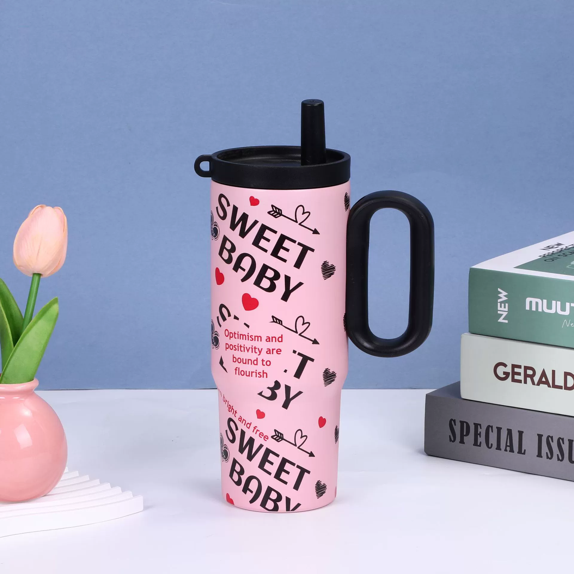 Cherry Pattern Straw Tumbler with Handle