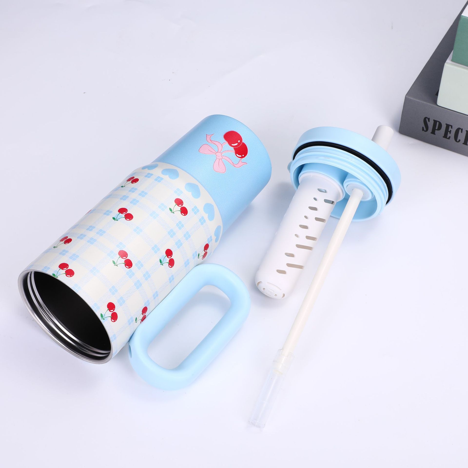 Cherry Pattern Straw Tumbler with Handle