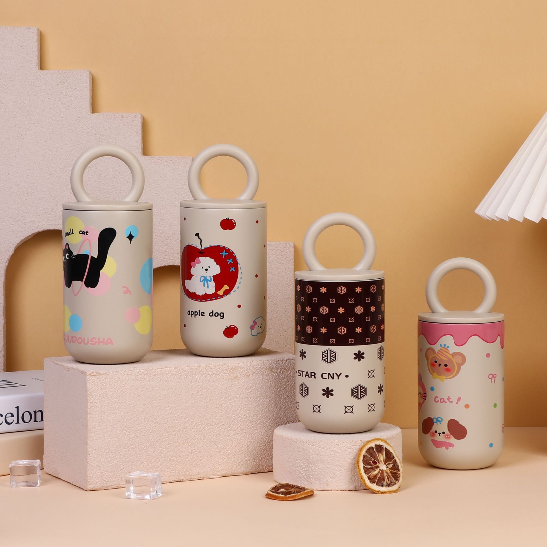 Apple Dog Pattern Tumbler with Ring Handle