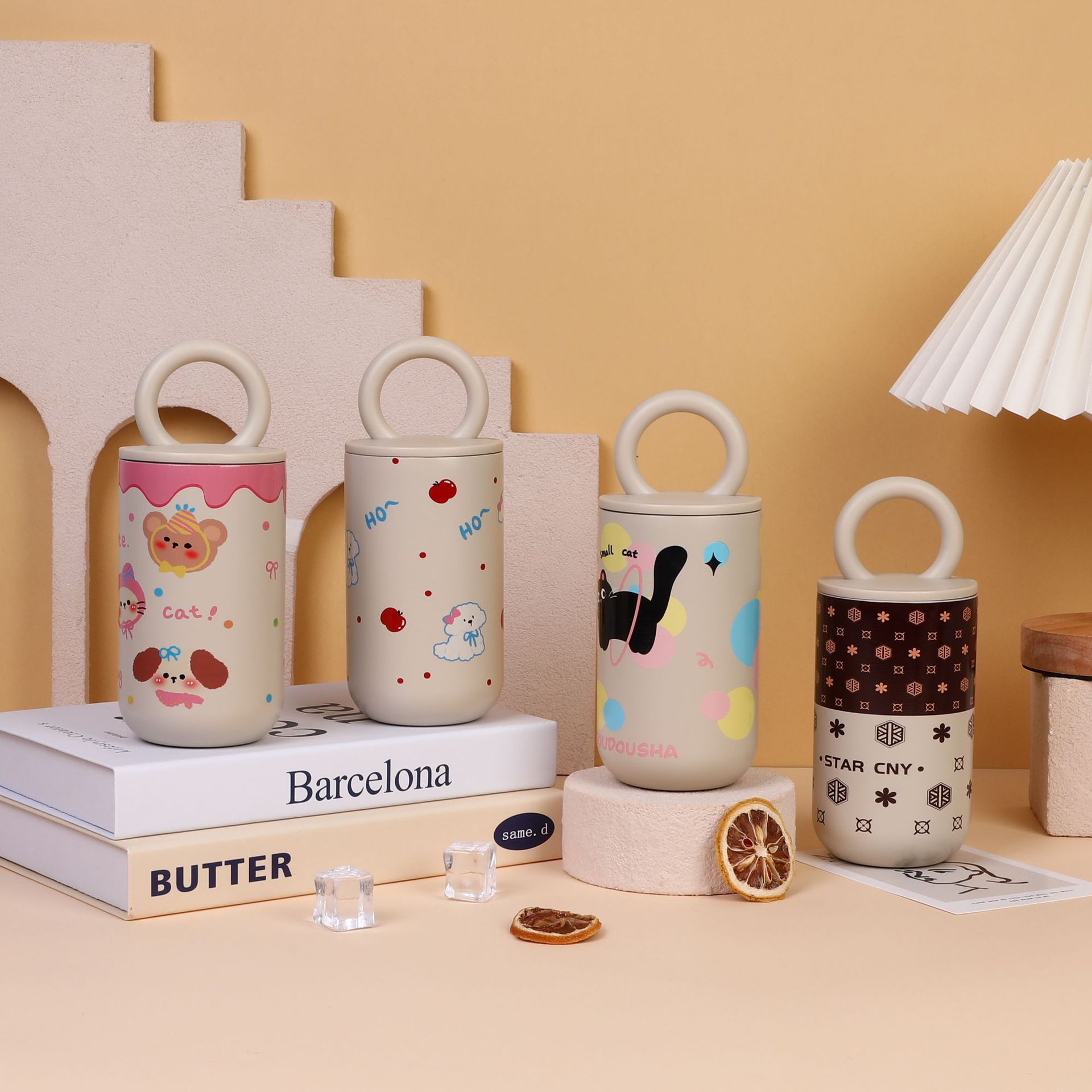 Apple Dog Pattern Tumbler with Ring Handle