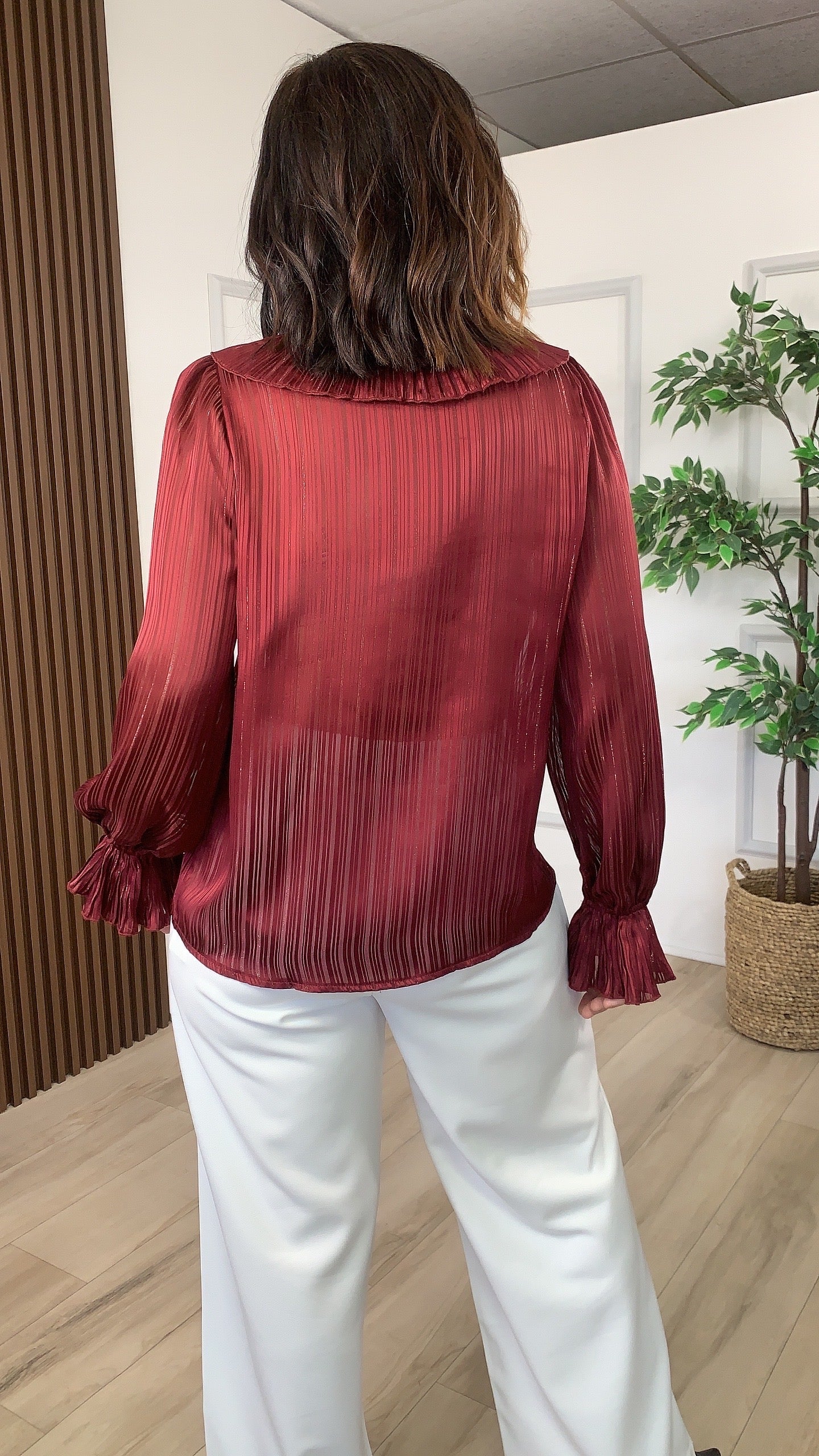 Burgundy Bow Tie Blouse - WINOKJZ