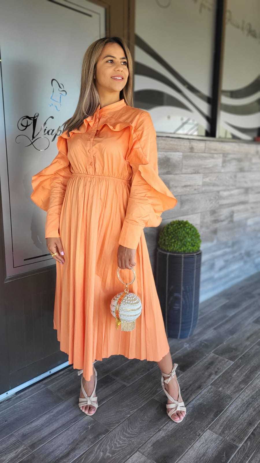 Orange Crew Neck Dress - WINOKJZ