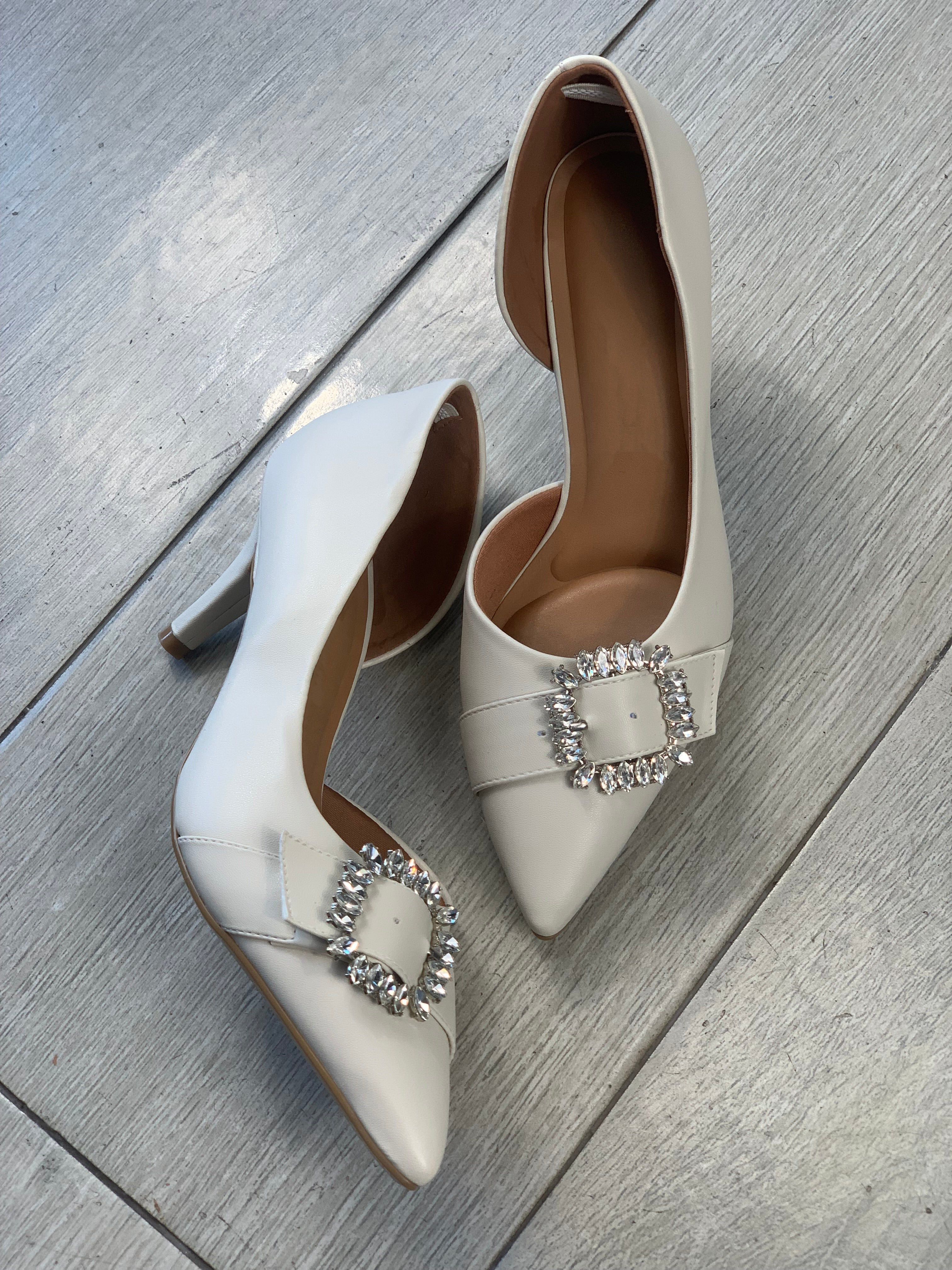 Off White Rhinestones Buckle Heels - WINOKJZ
