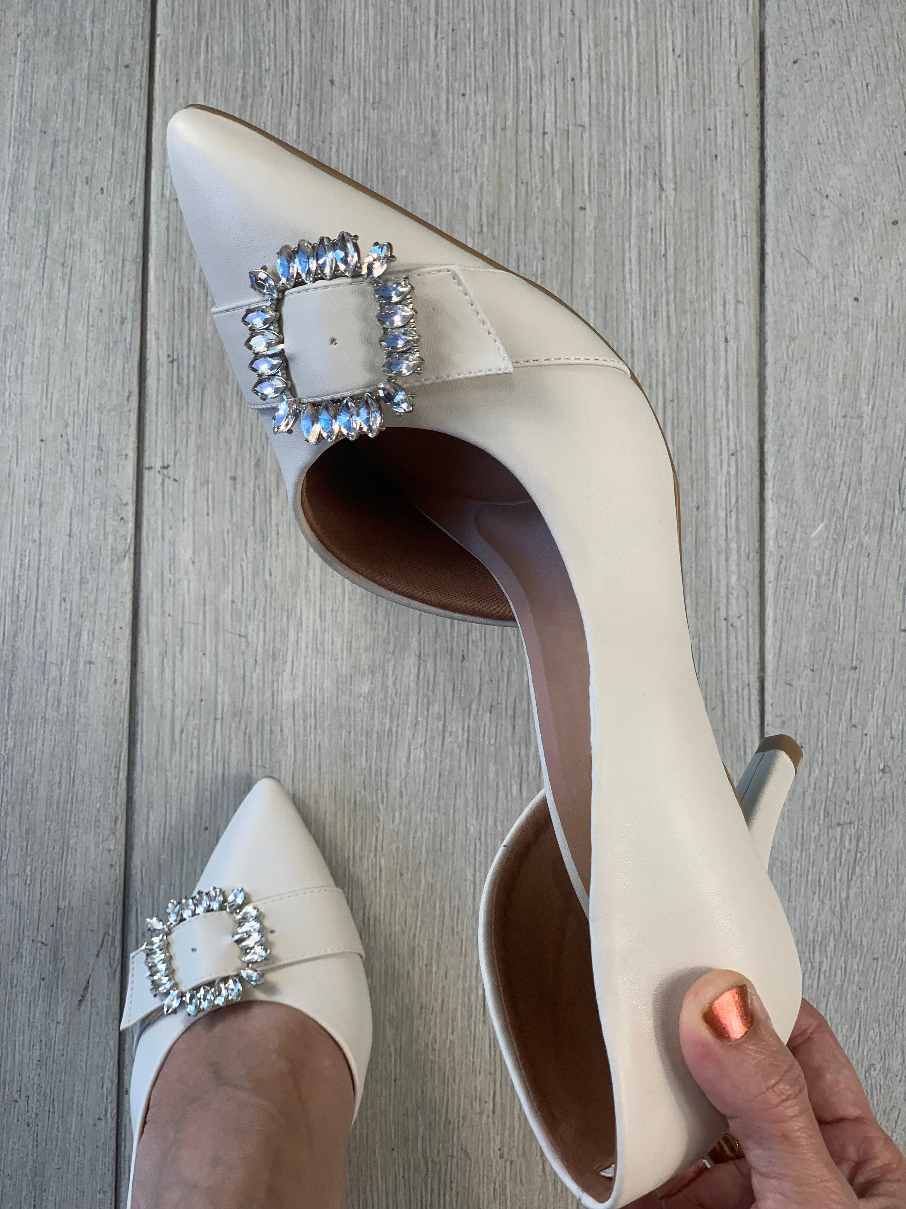 Off White Rhinestones Buckle Heels - WINOKJZ