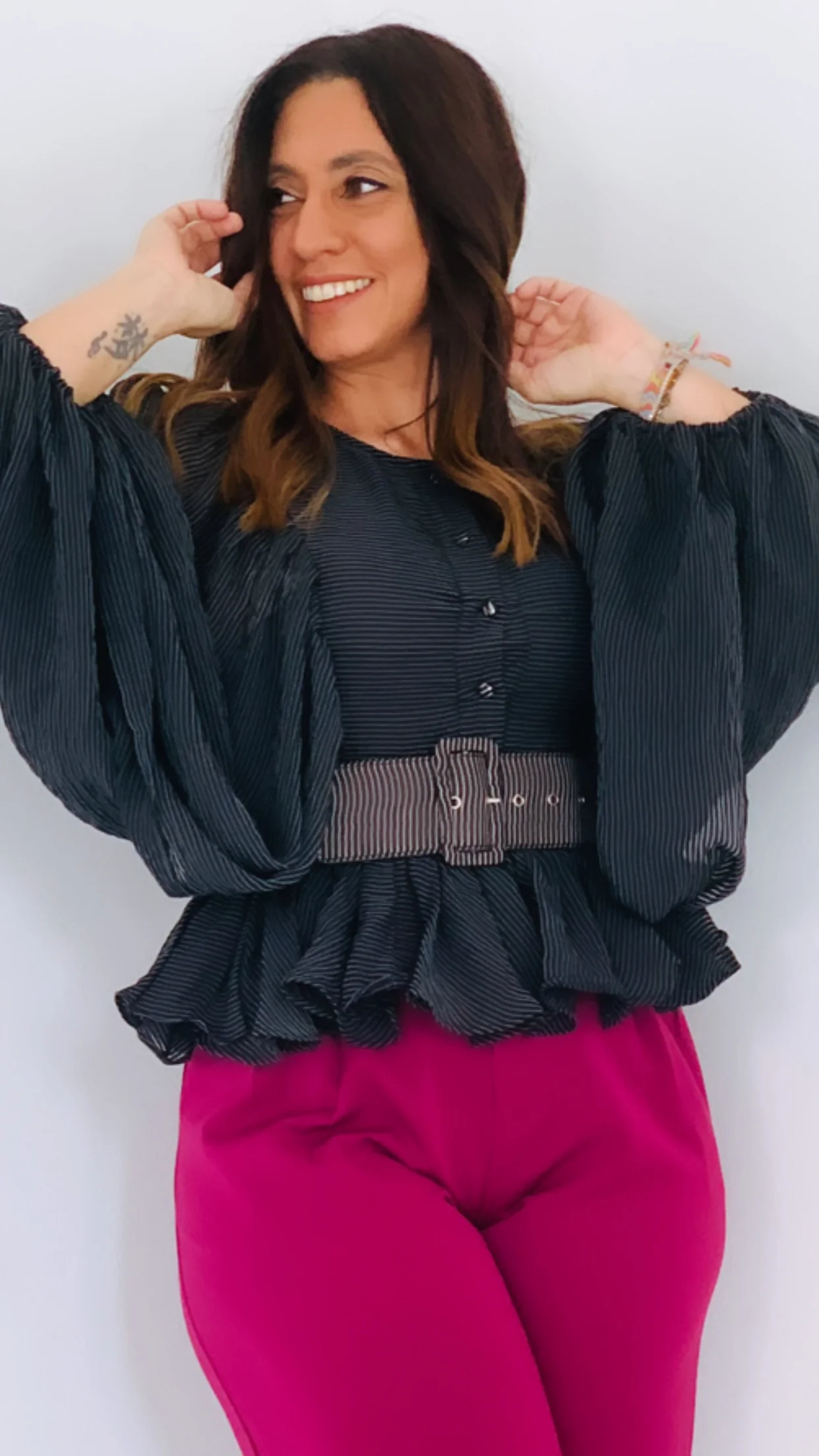 Black Woven Blouse with belt - WINOKJZ