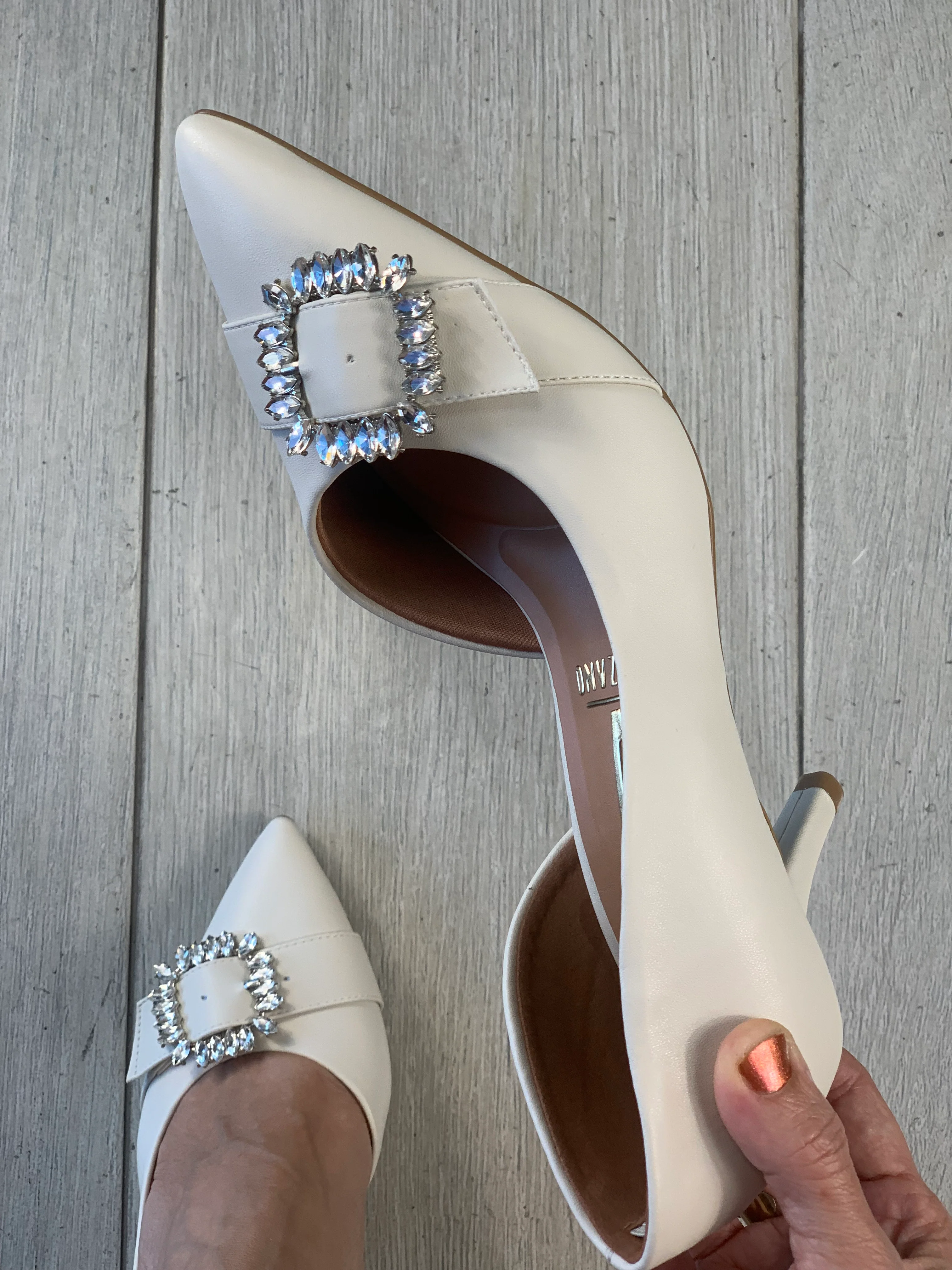 Off White Rhinestones Buckle Heels - WINOKJZ