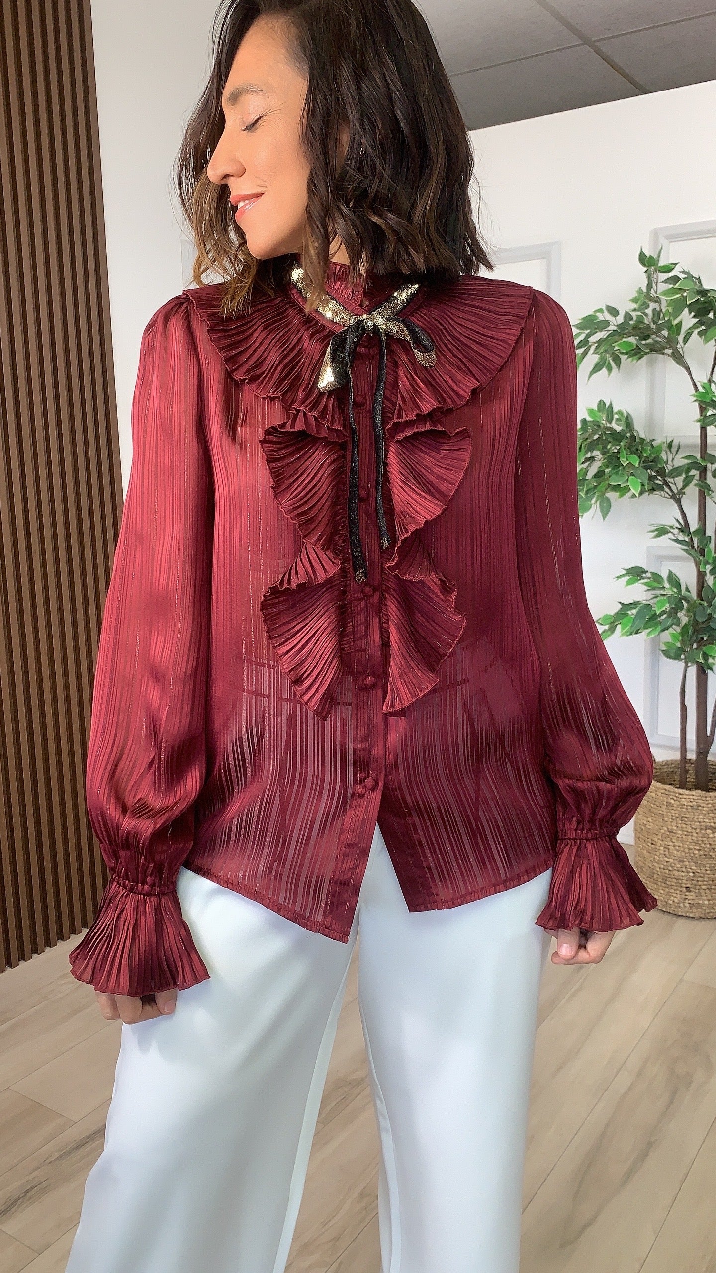 Burgundy Bow Tie Blouse - WINOKJZ