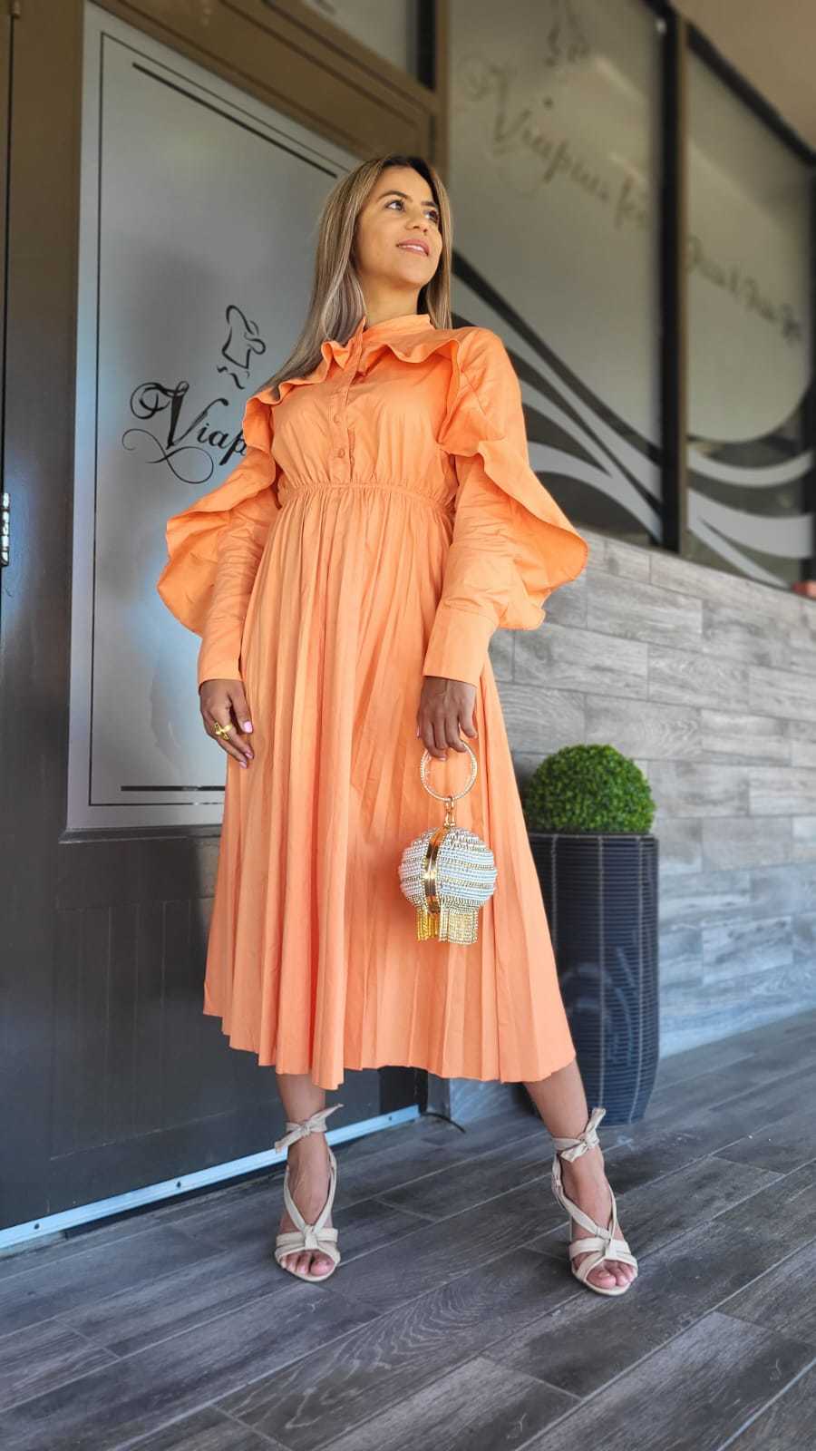 Orange Crew Neck Dress - WINOKJZ