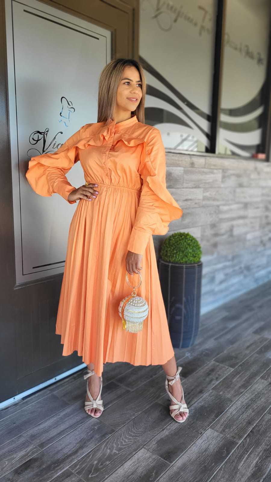 Orange Crew Neck Dress - WINOKJZ