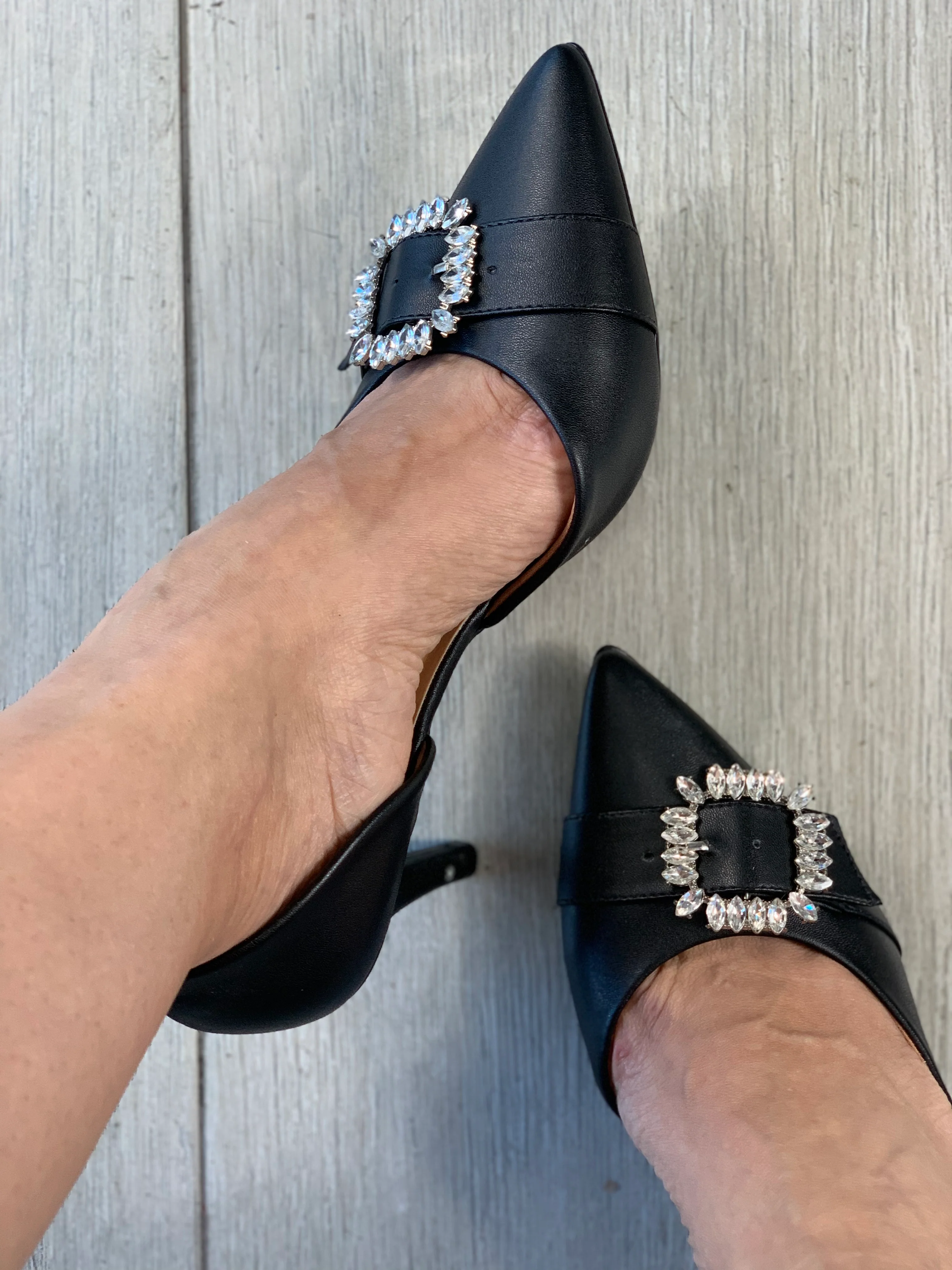 Black Rhinestones Buckle Heels - WINOKJZ