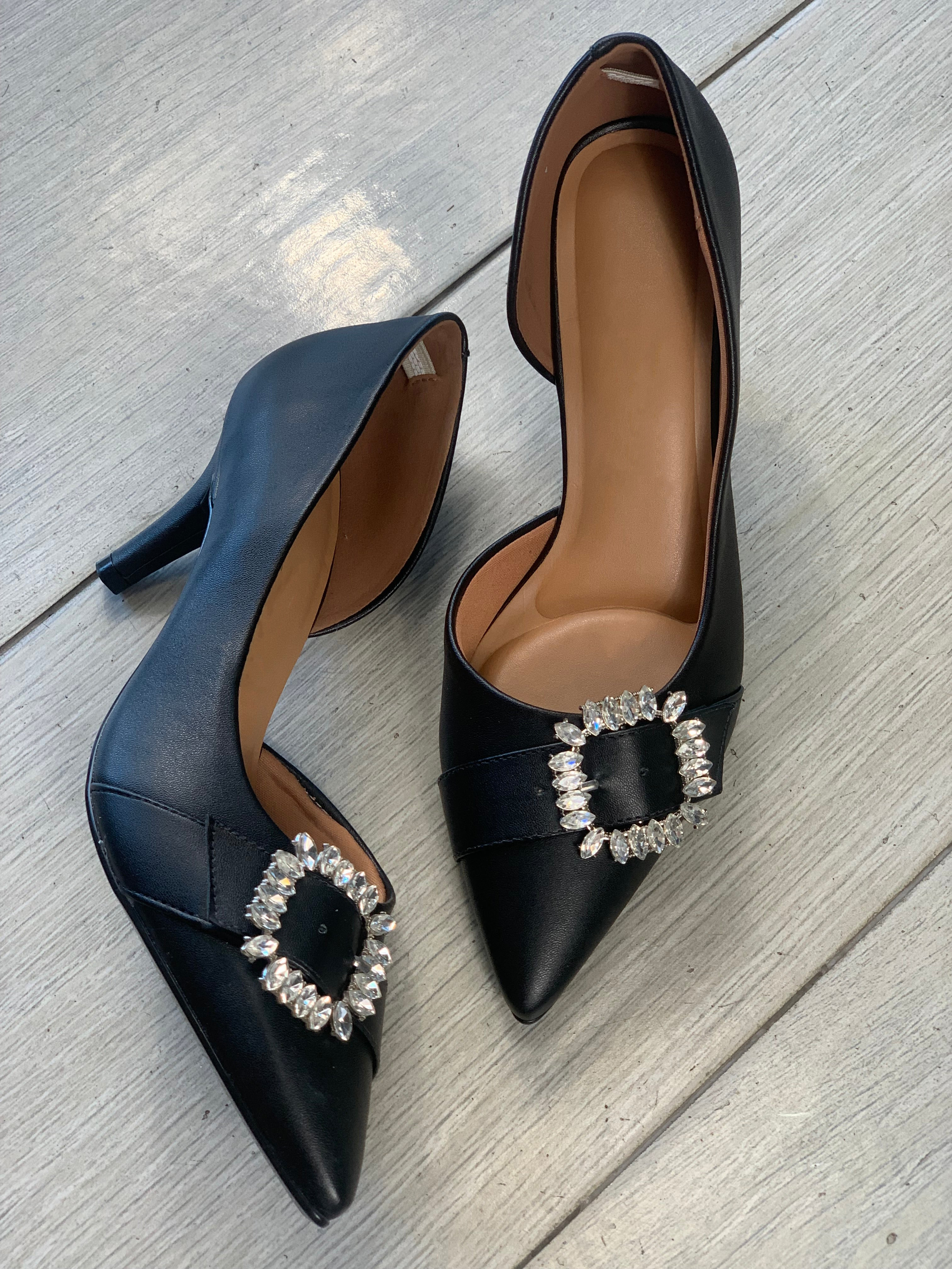 Black Rhinestones Buckle Heels - WINOKJZ