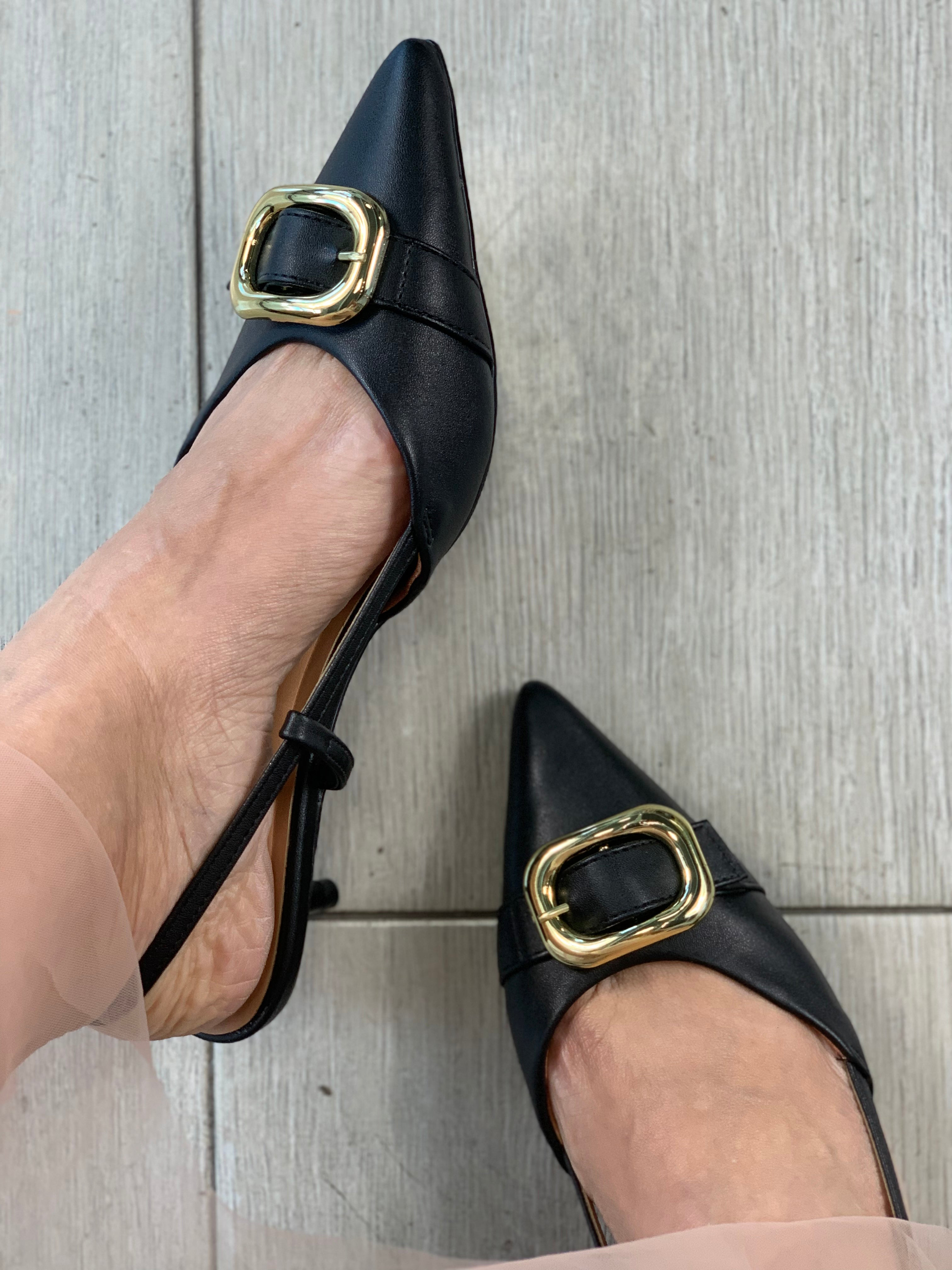 Black Gold Buckle Heels - WINOKJZ