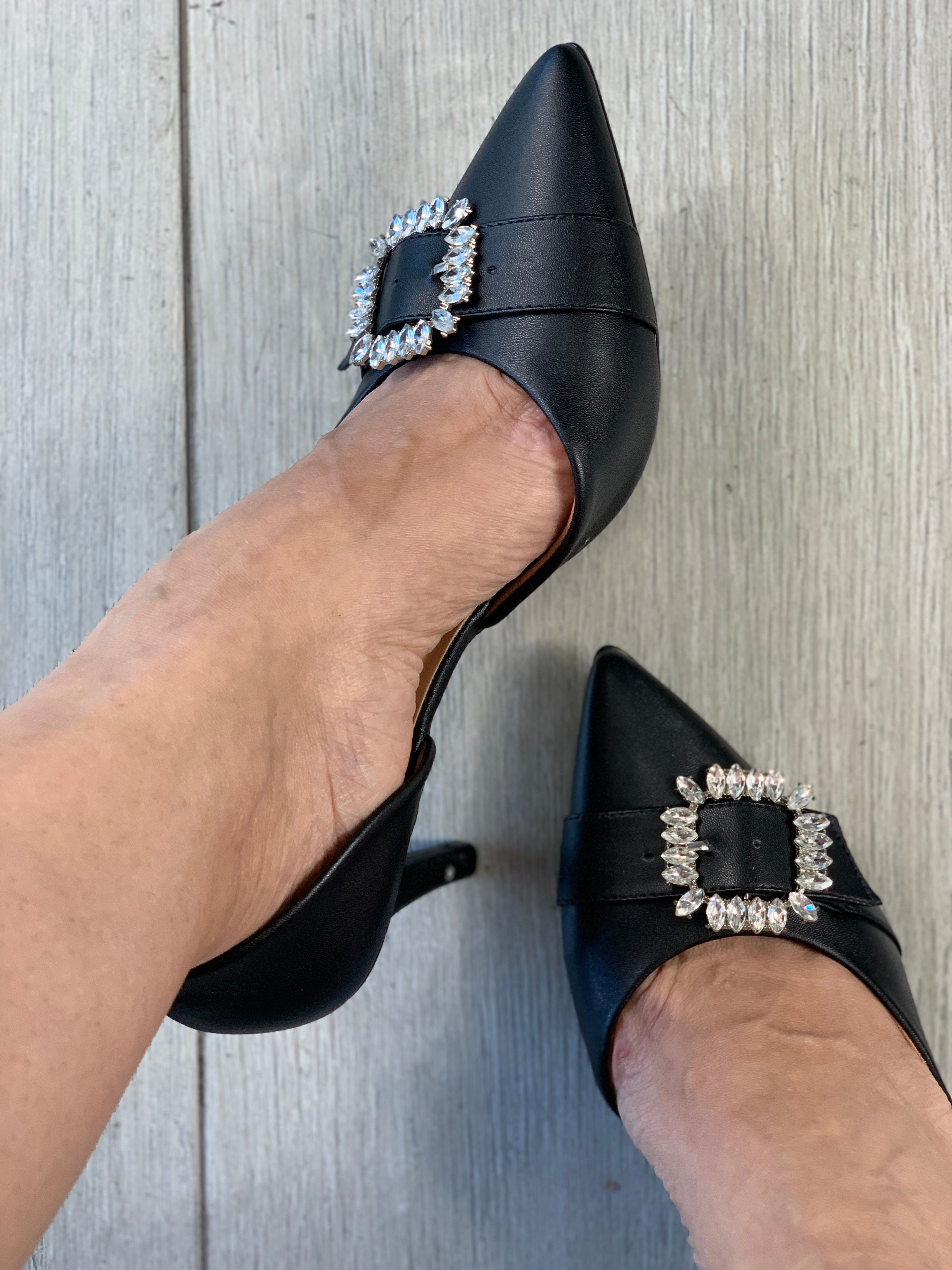 Black Rhinestones Buckle Heels - WINOKJZ