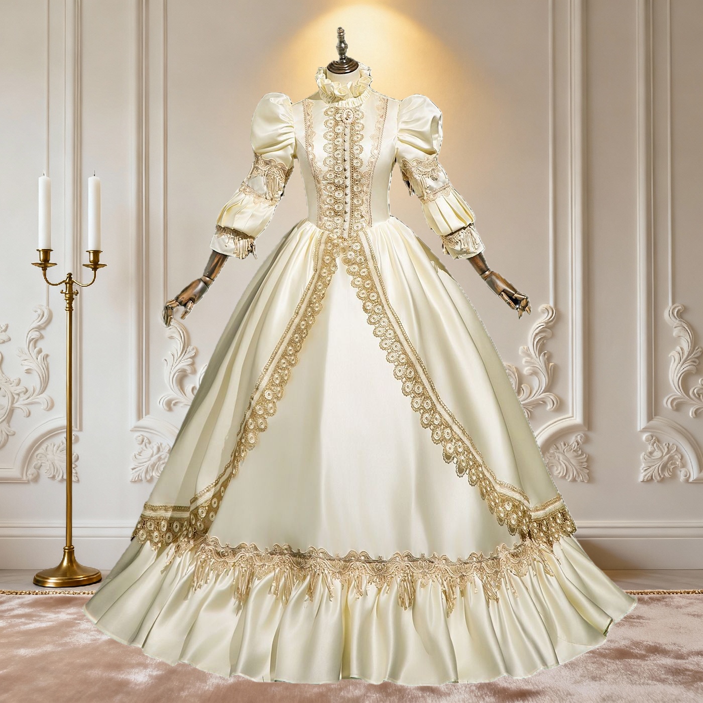 Champagne Rococo Victorian Court Gown with High Neck for Performance - Cossnyc