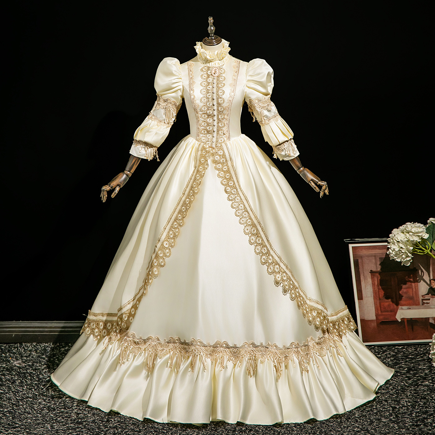 Champagne Rococo Victorian Court Gown with High Neck for Performance - Cossnyc