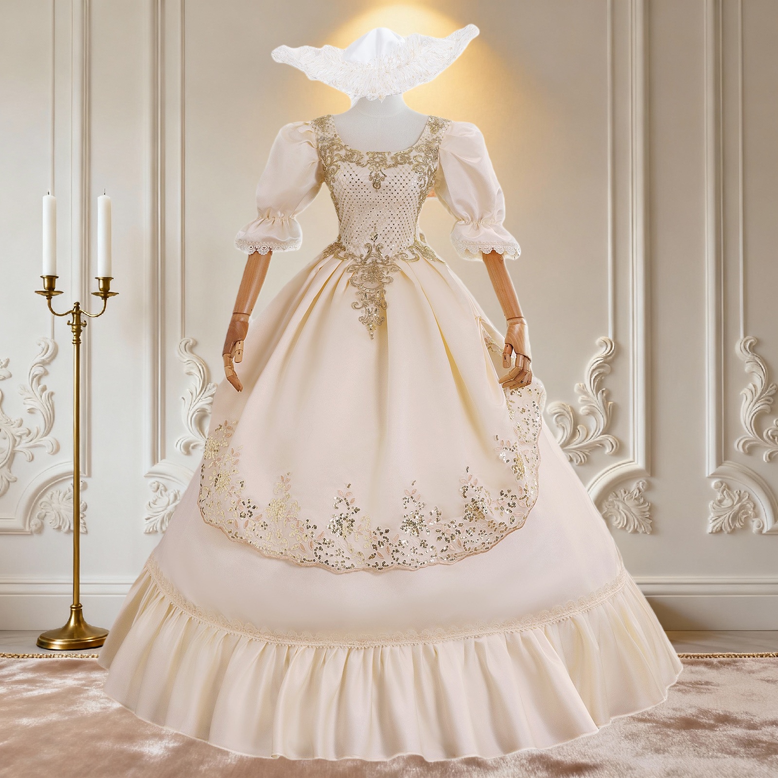 Elegant Rococo Medieval Victorian Champagne Court Costume European Palace Ball Gown Party Masquerade Dinner Dress for Women - Cossnyc