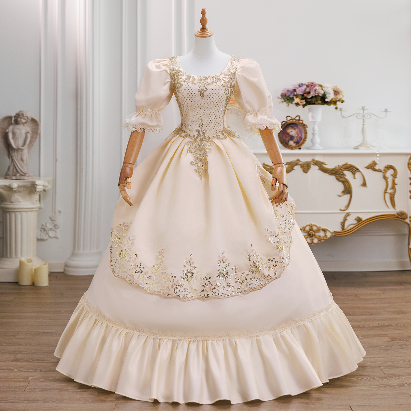 Elegant Rococo Medieval Victorian Champagne Court Costume European Palace Ball Gown Party Masquerade Dinner Dress for Women - Cossnyc