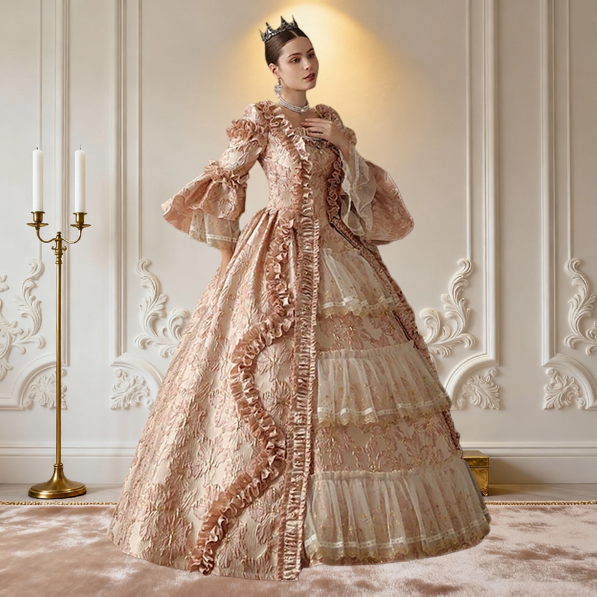 Medieval Rococo Pink Floral Princess Sophia Court Gown - Russian Lolita Style Dress for Photography, Travel Shoots & Stage - Cossnyc