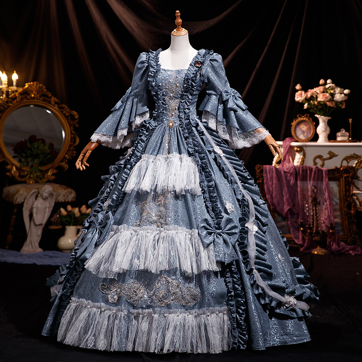 Medieval Rococo French Print Gown - Lavish European Court Dress with Romantic Lolita Style for Studio, Show & Performance - Cossnyc