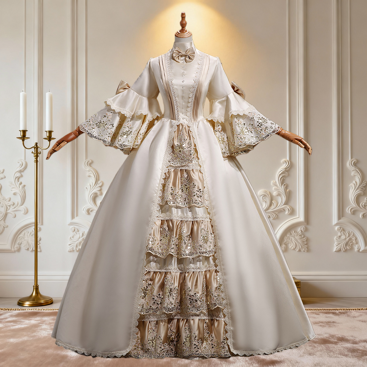 Champagne Gold Rococo French Gown - British Queen Court Dress for Theater, Photoshoot & Royal Events - Cossnyc