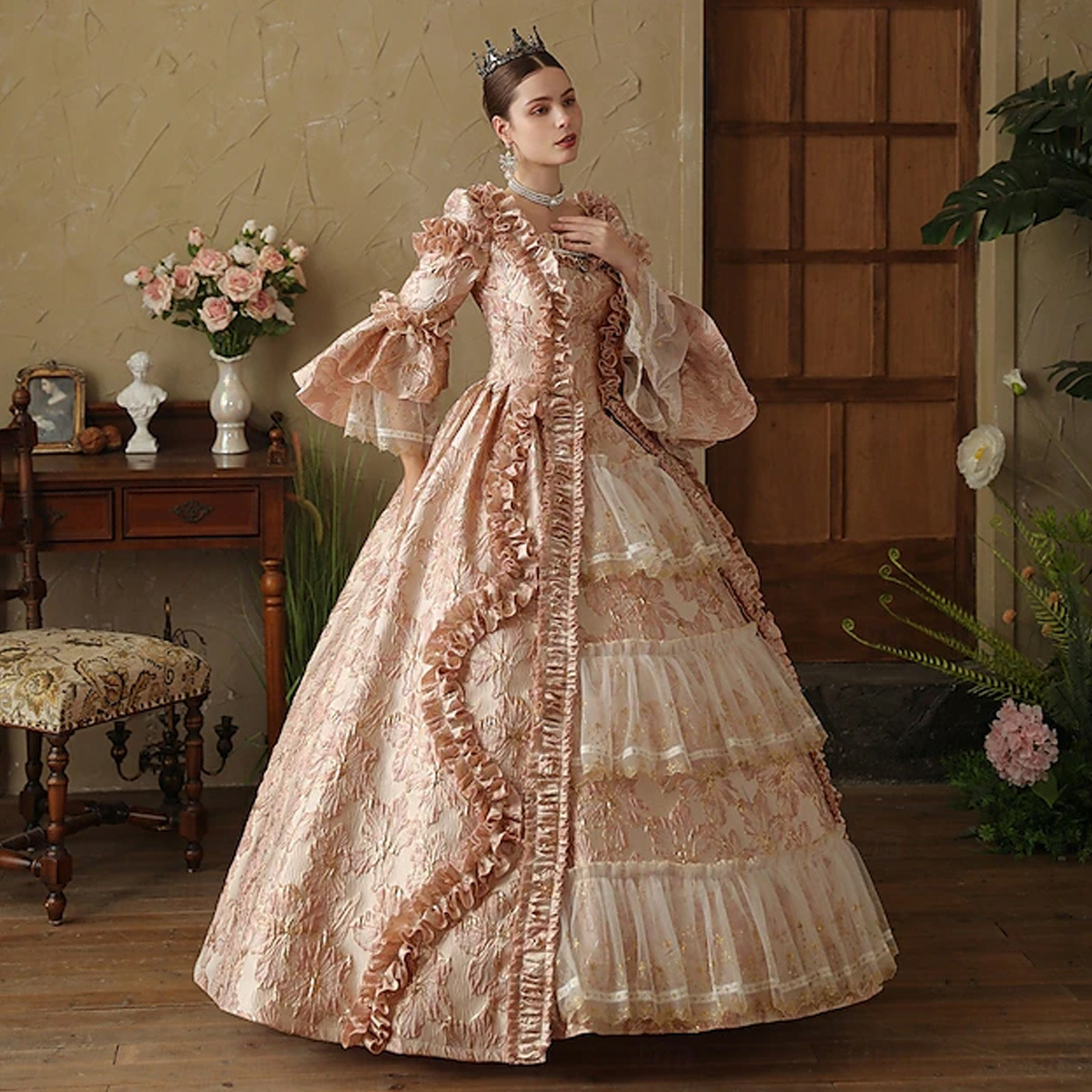 Medieval Rococo Pink Floral Princess Sophia Court Gown - Russian Lolita Style Dress for Photography, Travel Shoots & Stage - Cossnyc